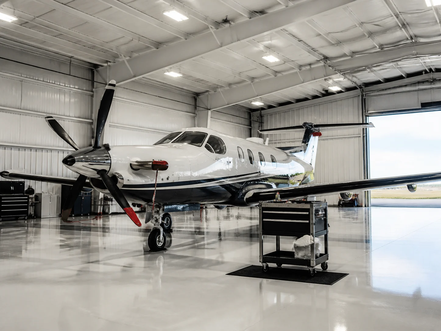 Illustrative turboprop aircraft in a private hangar
